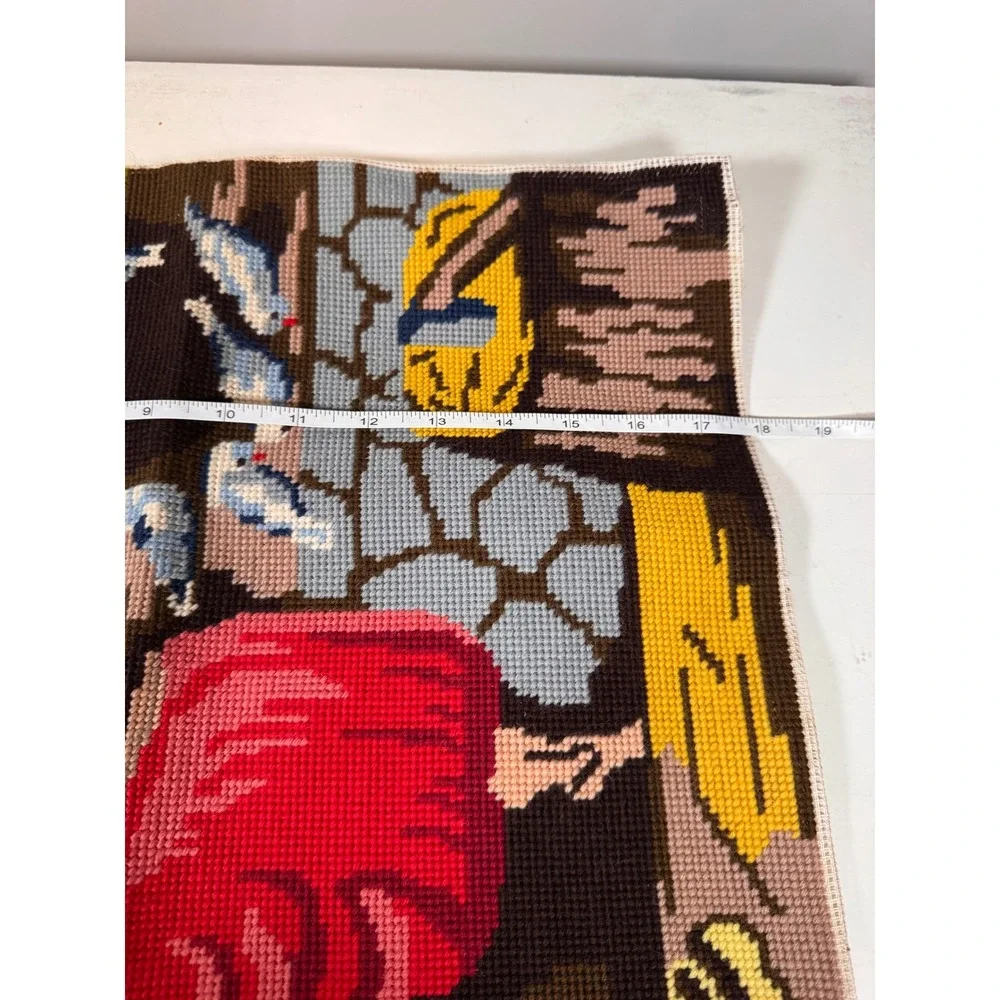 Vintage Finish Needlepoint Tapestry Woman Feeding Birds Finished Canvas 15x19